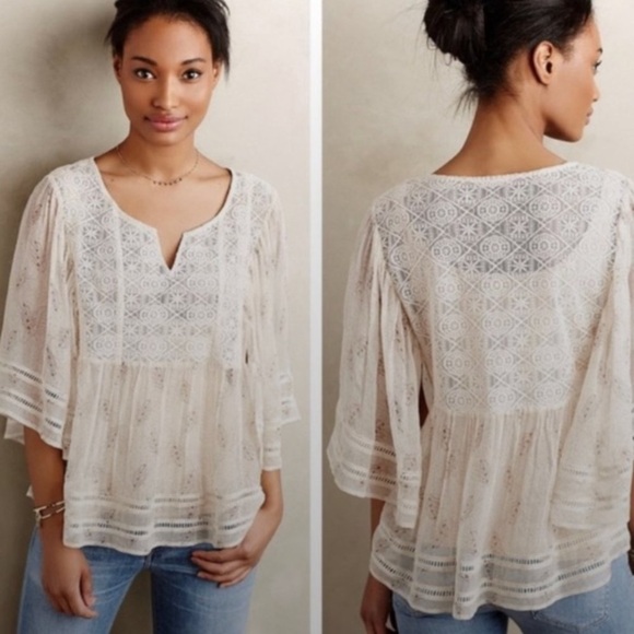 Anthropologie by Meadow Rue Embroidered Ivory Silk Peasant Blouse size Small - Picture 2 of 7